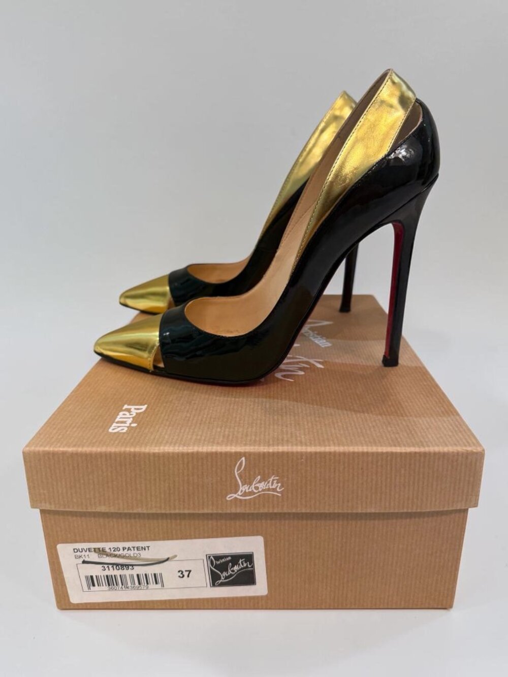 Christian Louboutin Duvette 120 Patent Leather Pumps Black Gold Cap Toe Heels 37